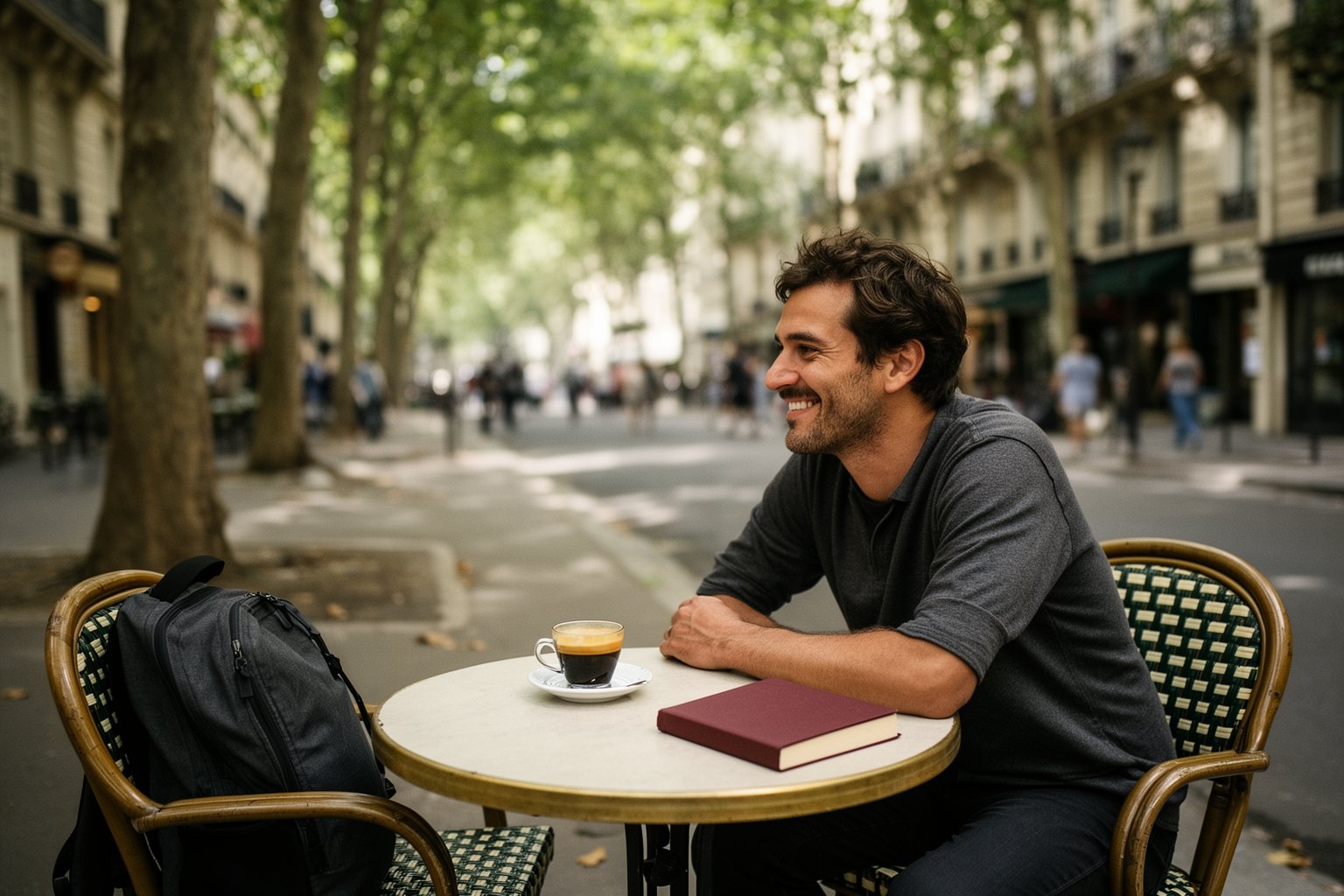 Solo Traveling Pros and Cons: Perks, Pitfalls and Tips Solo traveller lingering over an espresso at a sidewalk cafe in a European city