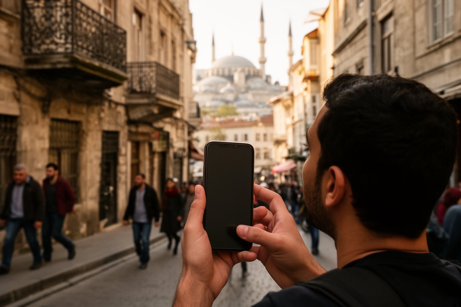 Solo Traveling Pros and Cons: Perks, Pitfalls and Tips Solo traveller checking directions on a phone on a busy Istanbul street