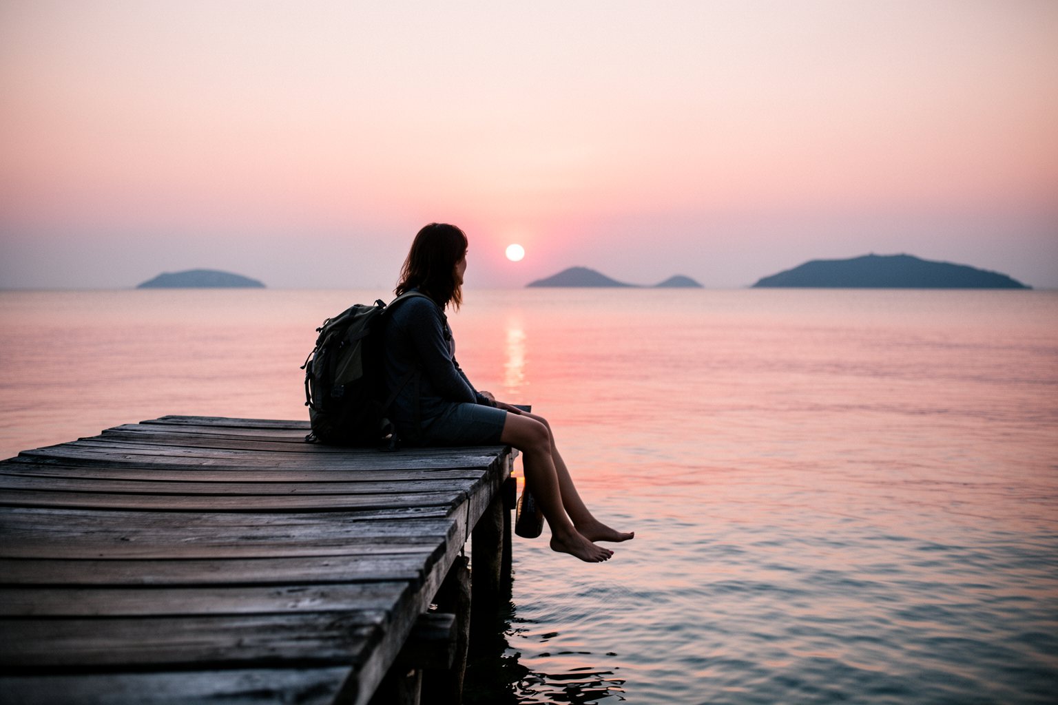 Solo Traveling Pros and Cons: Perks, Pitfalls and Tips Solo traveller sitting at the end of a wooden pier watching the sunset over the sea