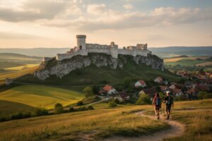 10 Unmissable Historical Sites in Europe You Didn't Know Existed! White stone ruins of Spiš Castle on a hilltop above green fields in Slovakia at golden hour