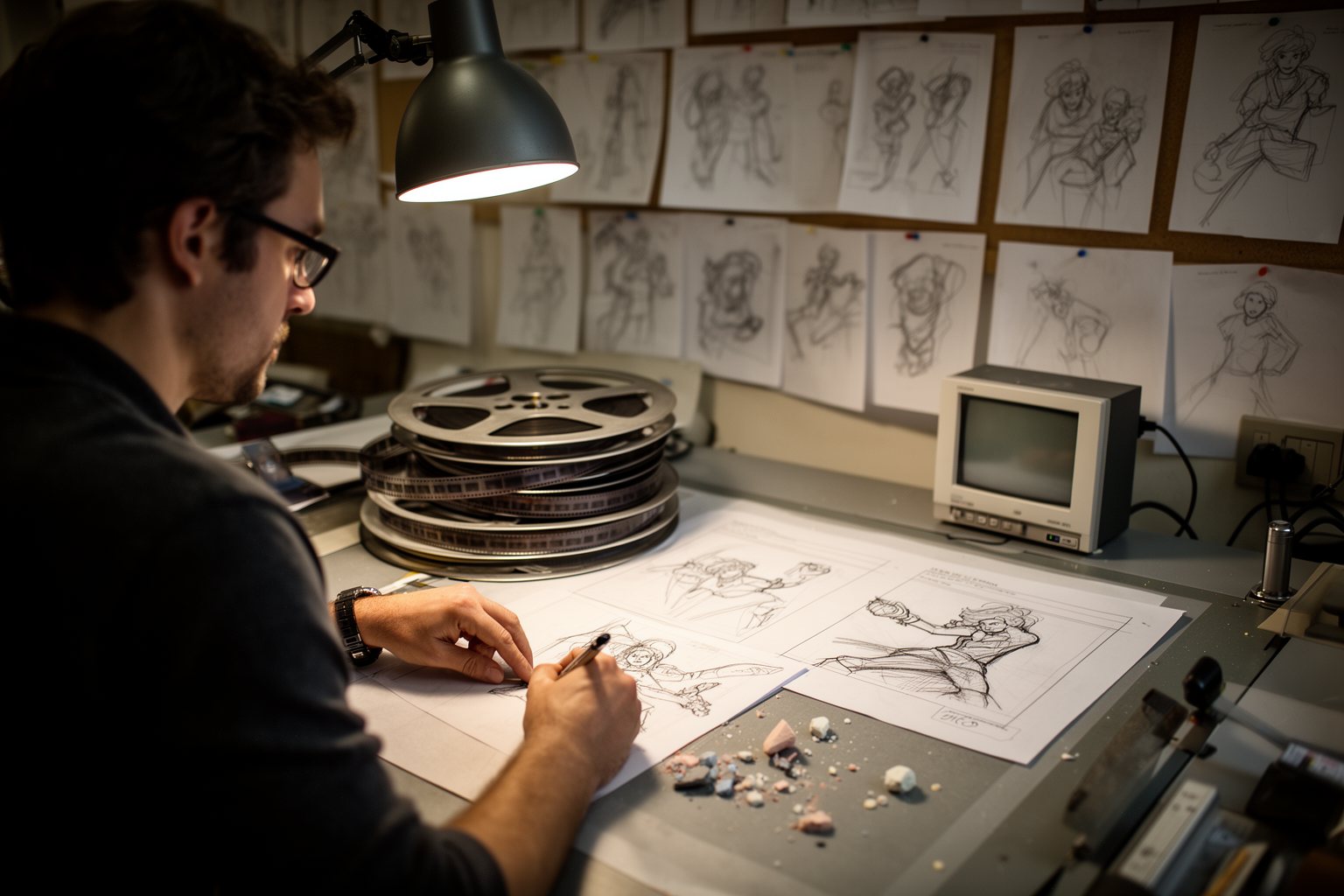 Unmasking Marvel: The Unexpected Evolution of Superhero Cinema Storyboard artist sketching action panels beside film reels, from page to screen