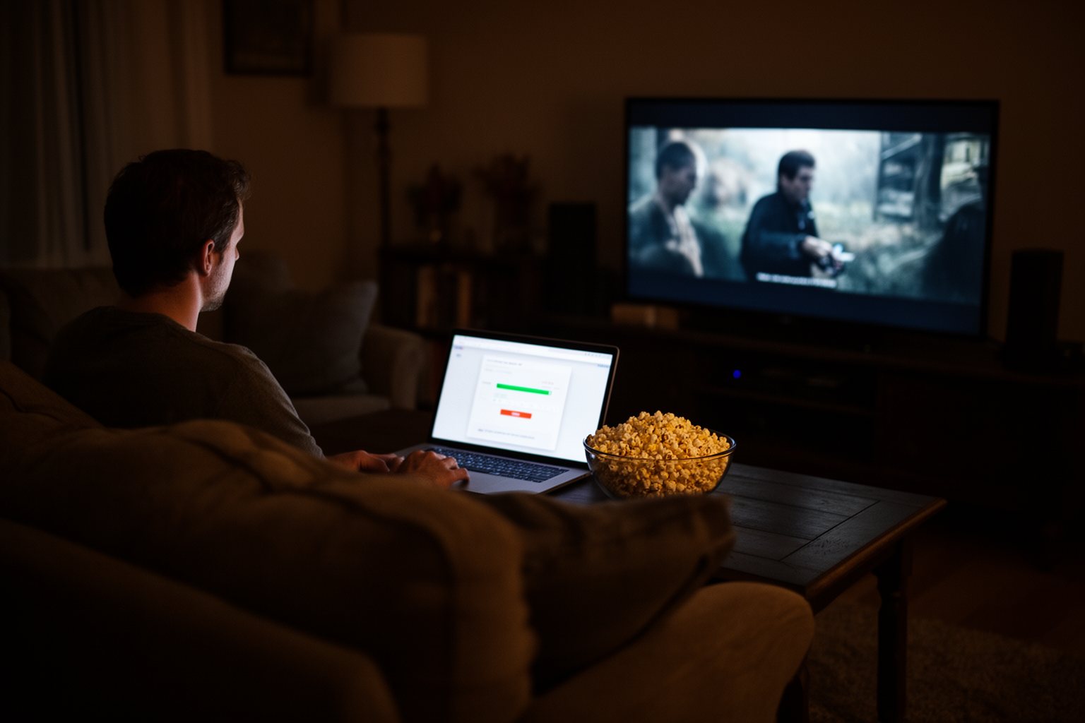 ExpressVPN vs NordVPN vs ProtonVPN: The Ultimate Showdown Man streaming a film at home while a laptop runs a VPN speed test