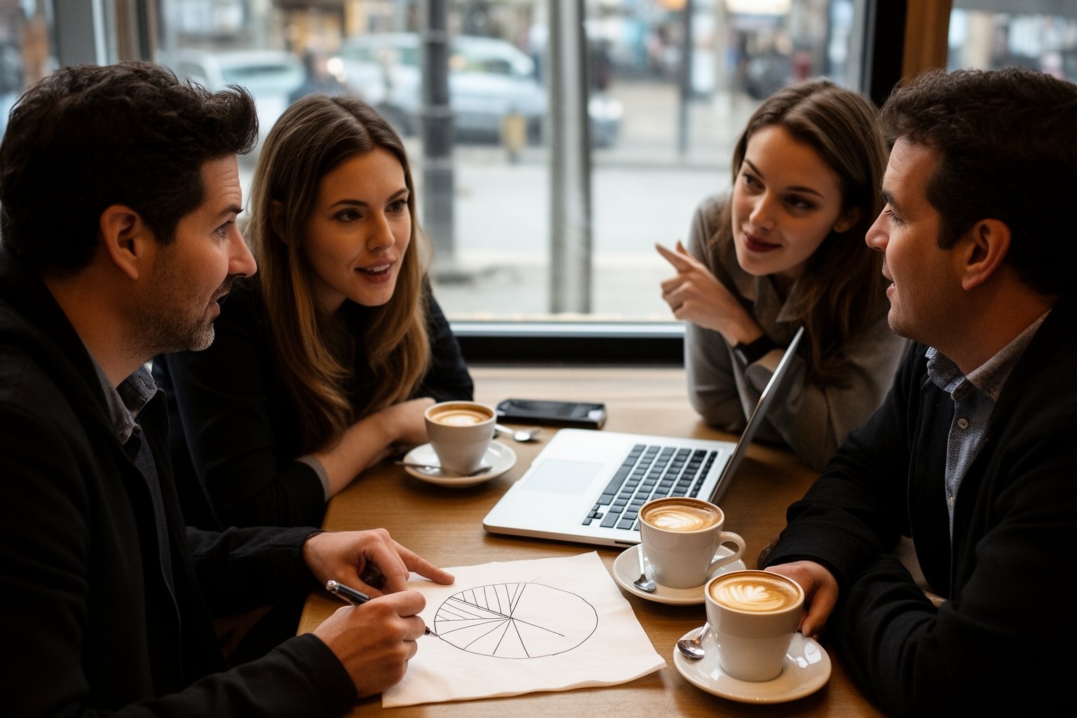 Stock Investments for Beginners: Where to Start Friends at a café table sketching a pie chart to talk through portfolio diversification