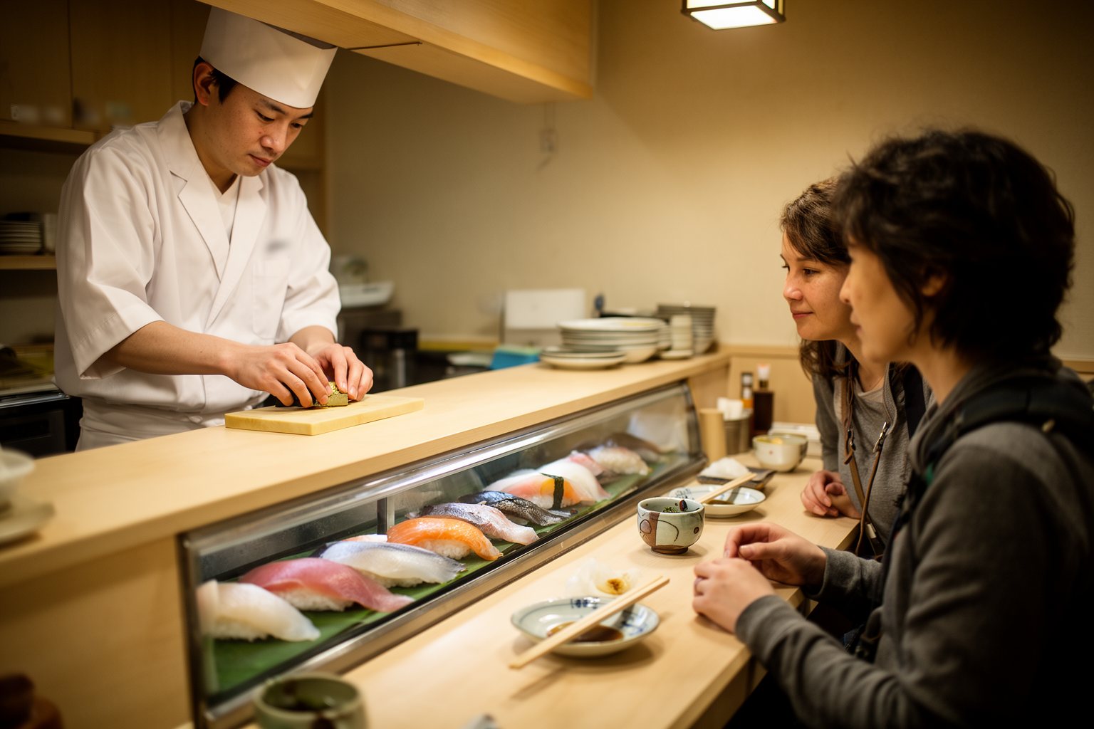 Dining Like a Local: A Gastronomic Journey Around the World Sushi chef shaping nigiri behind a wooden counter as diners watch in a small Japanese restaurant