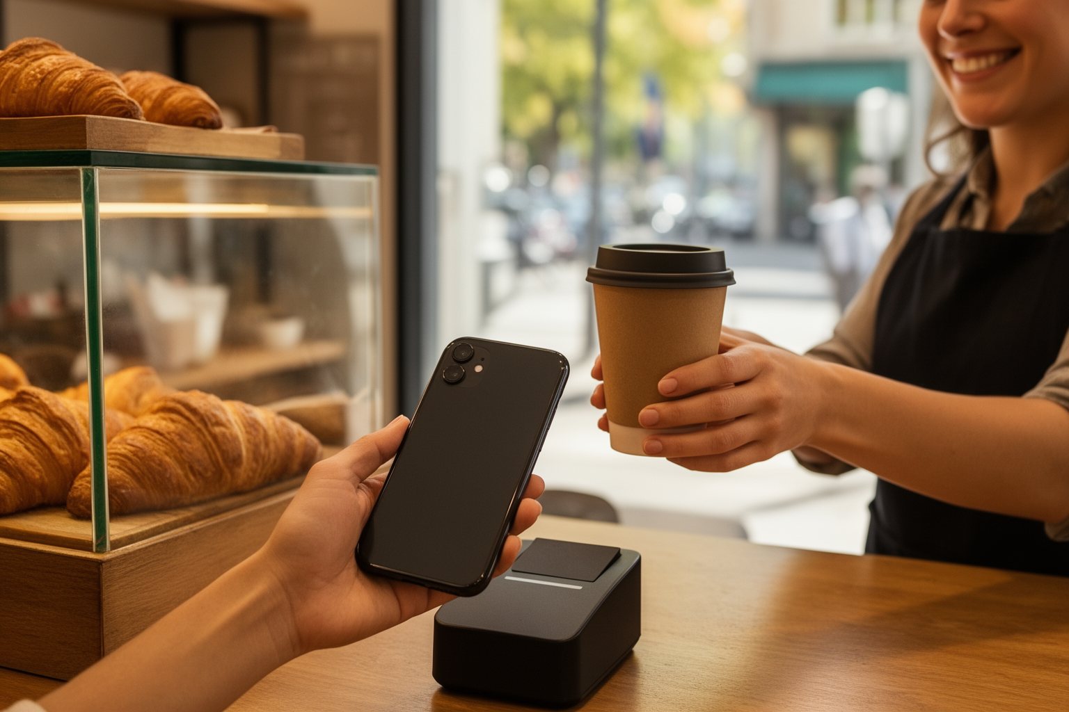 Customer tapping a phone to pay at a café counter, earning travel reward points on everyday spending
