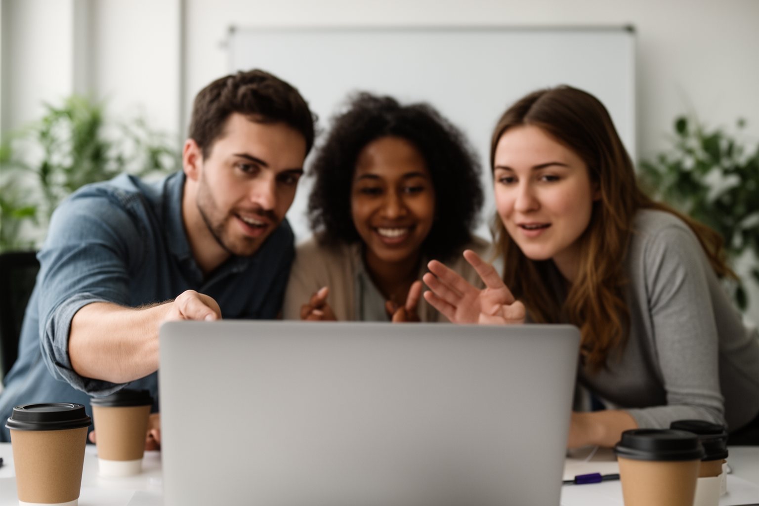 Small team in a bright office discussing secure email settings around a laptop
