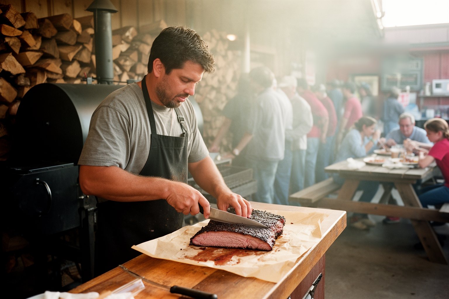Dining Like a Local: A Gastronomic Journey Around the World Pitmaster slicing smoked brisket on butcher paper while diners wait at a Texas barbecue joint