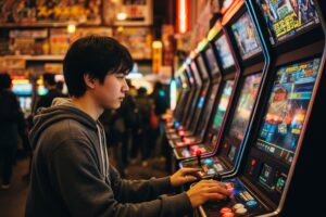 Gaming Cafes in Tokyo: Akihabara and Hidden Gems Young gamer playing an arcade cabinet in an Akihabara game center