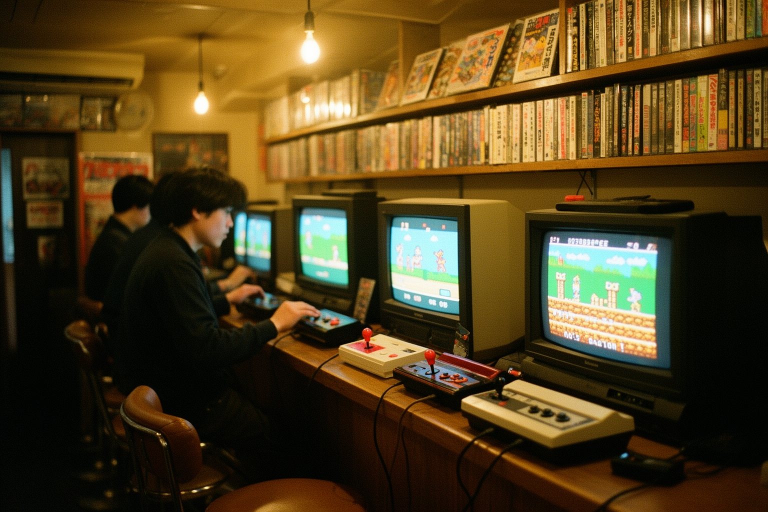 Gaming Cafes in Tokyo: Akihabara and Hidden Gems Retro consoles on CRT TVs in a cosy Tokyo gaming bar