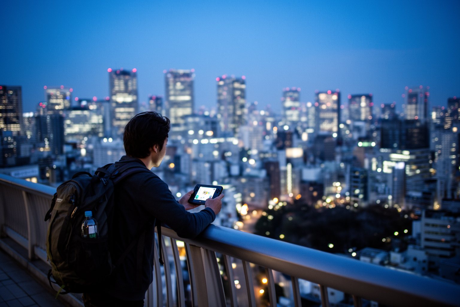 Gaming Cafes in Tokyo: Akihabara and Hidden Gems Traveler with a handheld console overlooking the Tokyo skyline at dusk