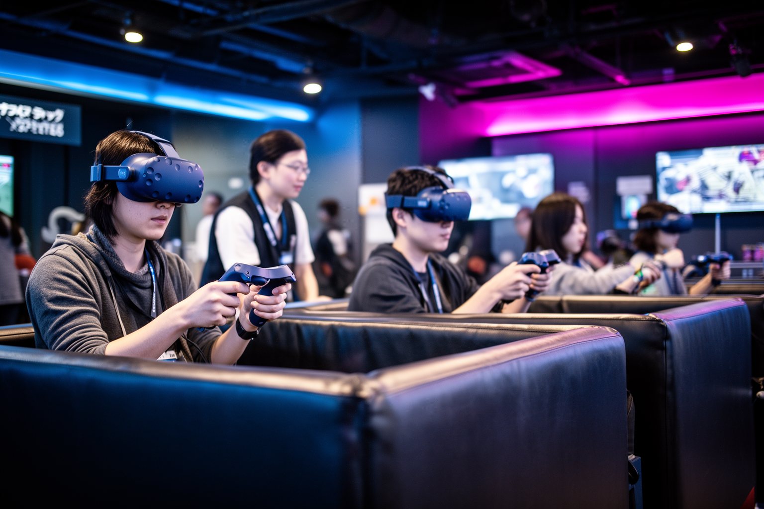 Gaming Cafes in Tokyo: Akihabara and Hidden Gems Visitors playing VR games in a Tokyo virtual reality arcade