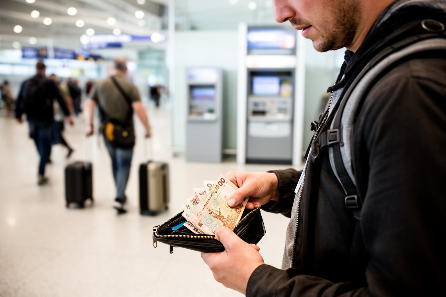 Managing Finances Abroad: A Practical Money Guide Traveler tucking local cash into a travel wallet in an airport arrivals hall