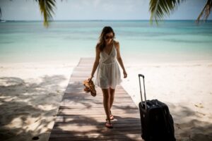 Fund Your Dream Vacation: Smart Ways to Save and Earn Woman arriving at a turquoise beach on the dream vacation she saved for