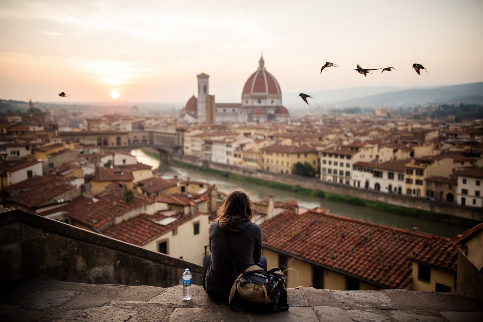 Managing Finances Abroad: A Practical Money Guide Traveler sitting above the terracotta rooftops of Florence at sunset