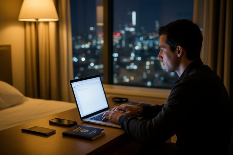 ExpressVPN vs NordVPN vs ProtonVPN: The Ultimate Showdown Traveler using a VPN on a laptop in a hotel room at night, comparing the best VPN
