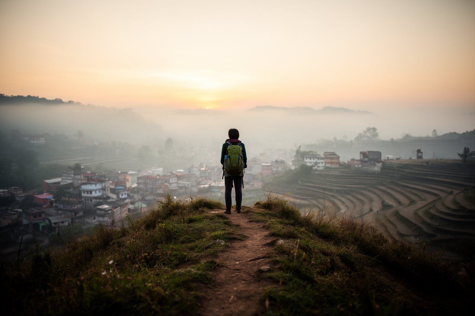 5 Unbelievable Ways to Plan a Trip on a Shoestring Budget Traveller with a small backpack watching sunrise from a hilltop above a valley town