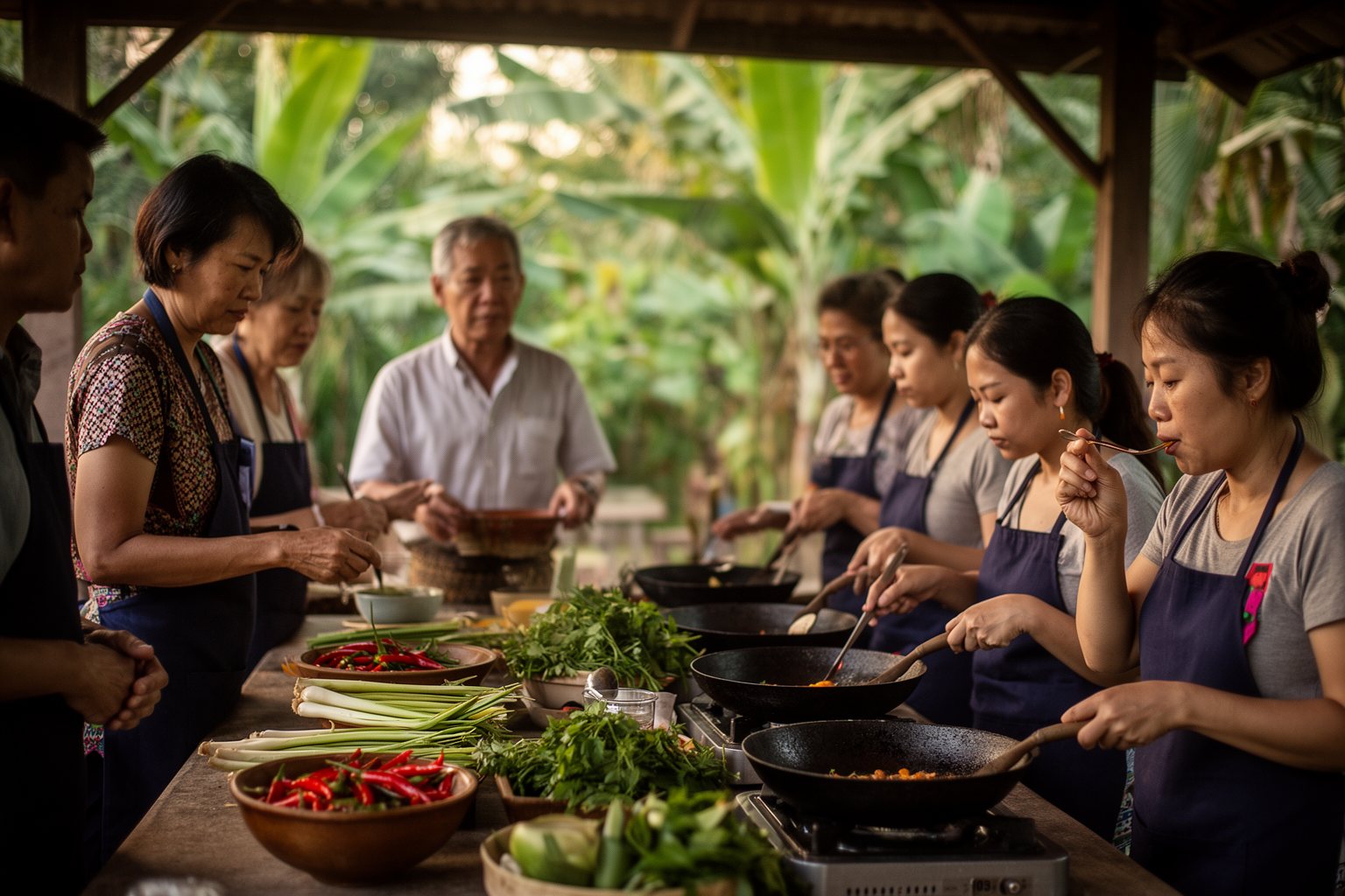 Dining Like a Local: A Gastronomic Journey Around the World Travellers learning to cook with a local chef at woks in an open-air kitchen surrounded by herbs