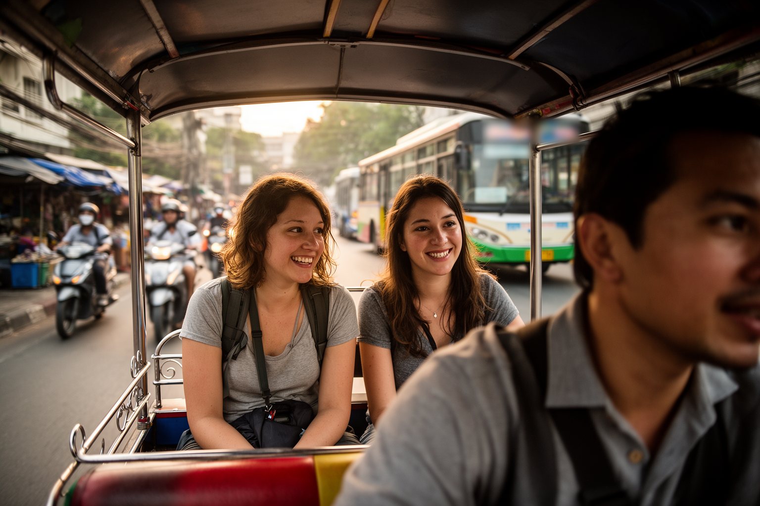 5 Unbelievable Ways to Plan a Trip on a Shoestring Budget Two travellers riding in a shared tuk-tuk through busy Bangkok traffic in the late afternoon
