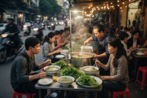 Dining Like a Local: A Gastronomic Journey Around the World Travellers on low plastic stools sharing noodle bowls with locals at a Hanoi street food stall