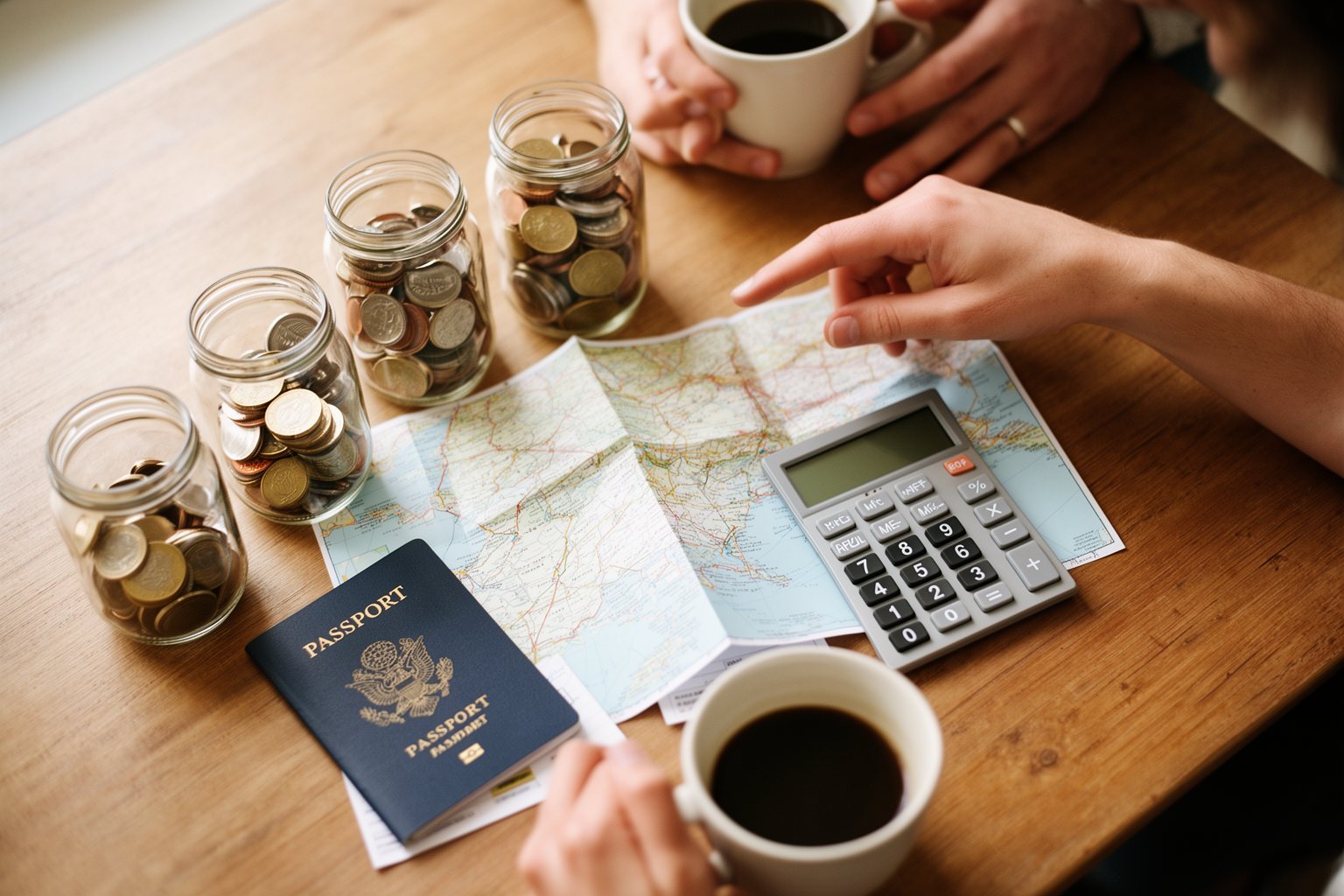 Managing Finances Abroad: A Practical Money Guide Couple planning a travel budget with coins sorted into jars, a map and a passport
