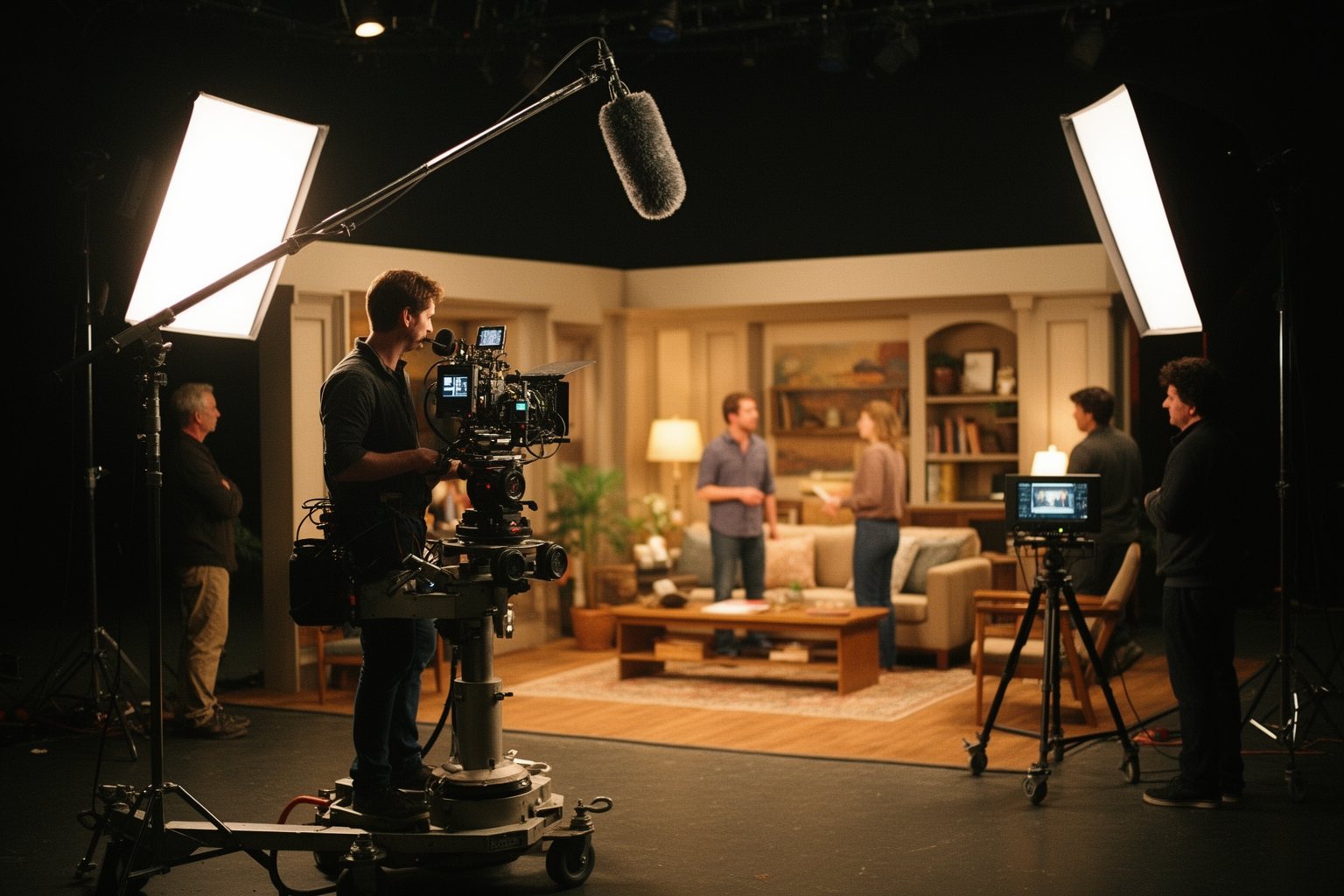 Streaming vs Traditional Television: Who Is Winning? TV crew filming an original drama series on a soundstage, camera and lights around a set