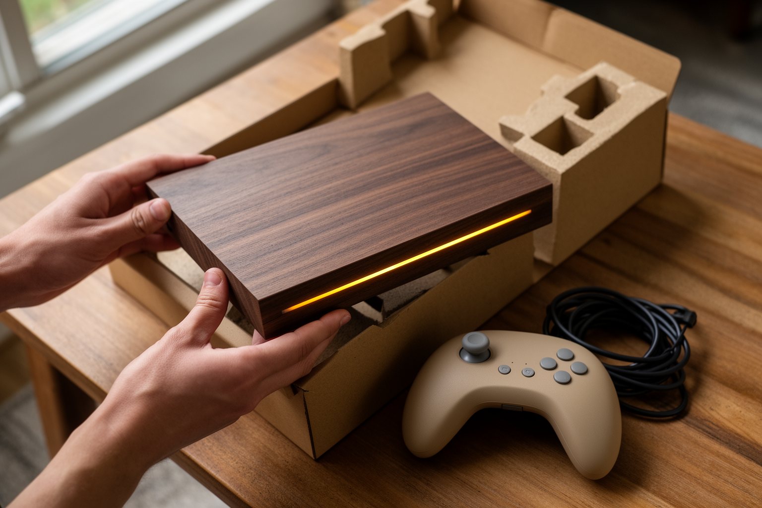 Unveiling the Unseen: The Ultimate Guide to The Latest PlayStation 5 Games Hands lifting a new game console out of its box on a coffee table, cables and controller beside it