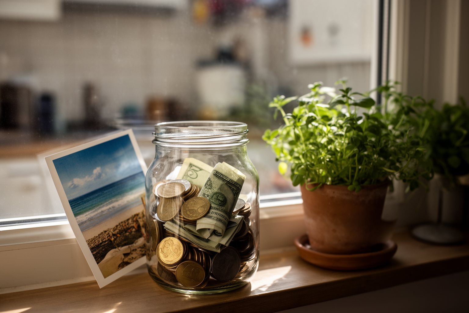 Glass jar of coins and notes with a beach postcard on a windowsill, saving to fund a dream vacation