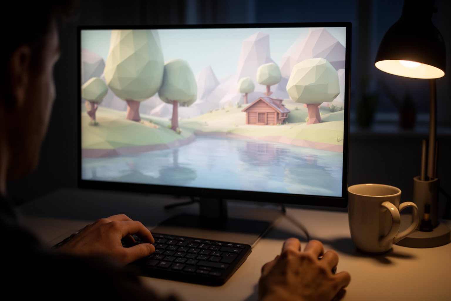 Minecraft vs Roblox: The Ultimate Showdown Player building a peaceful island landscape in a sandbox game on a desktop monitor