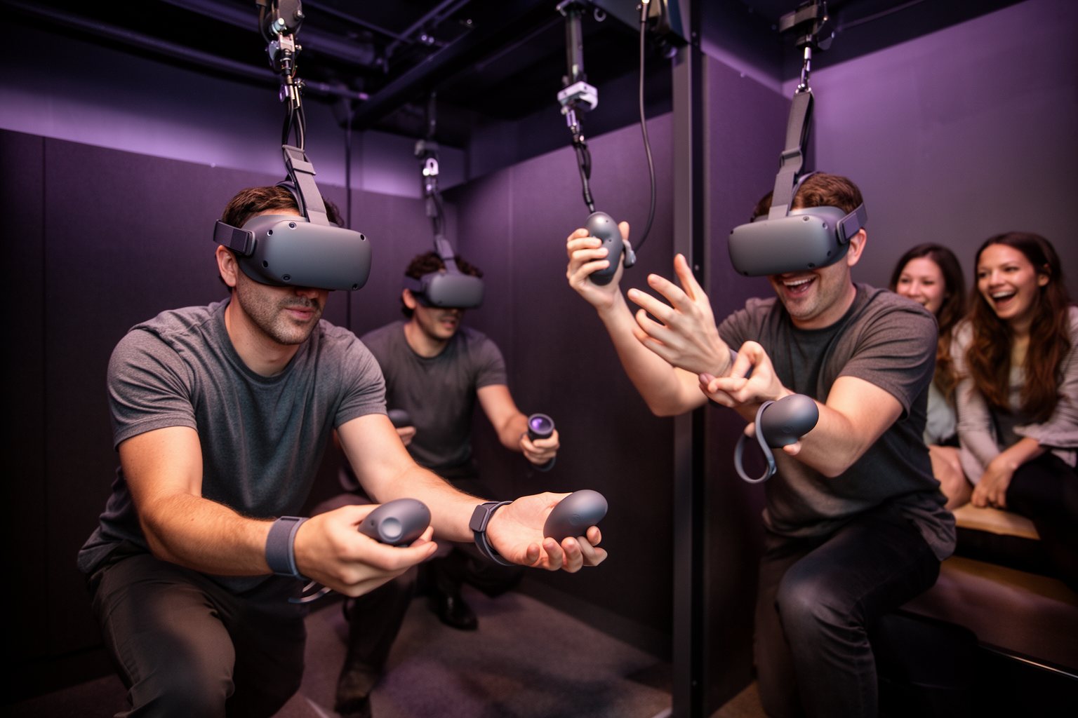 Virtual Reality Gaming: The Next Generation of Play Players in VR headsets moving in padded play spaces at a virtual reality arcade