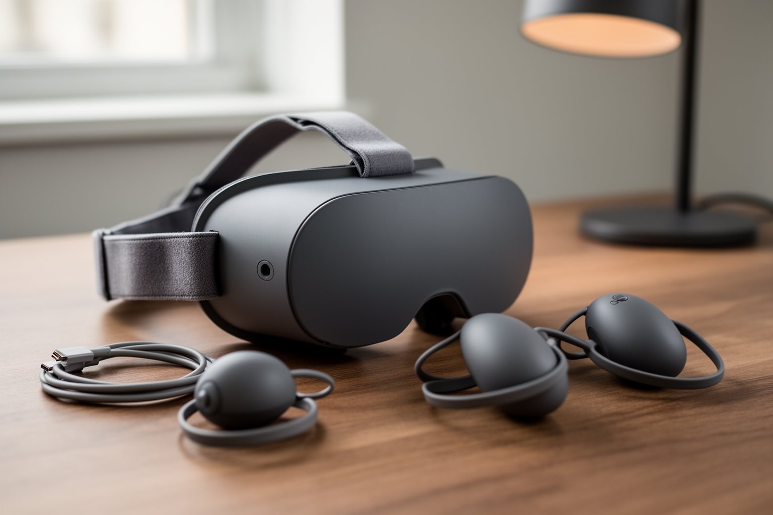 Virtual Reality Gaming: The Next Generation of Play Close-up of a VR headset with two motion controllers on a desk