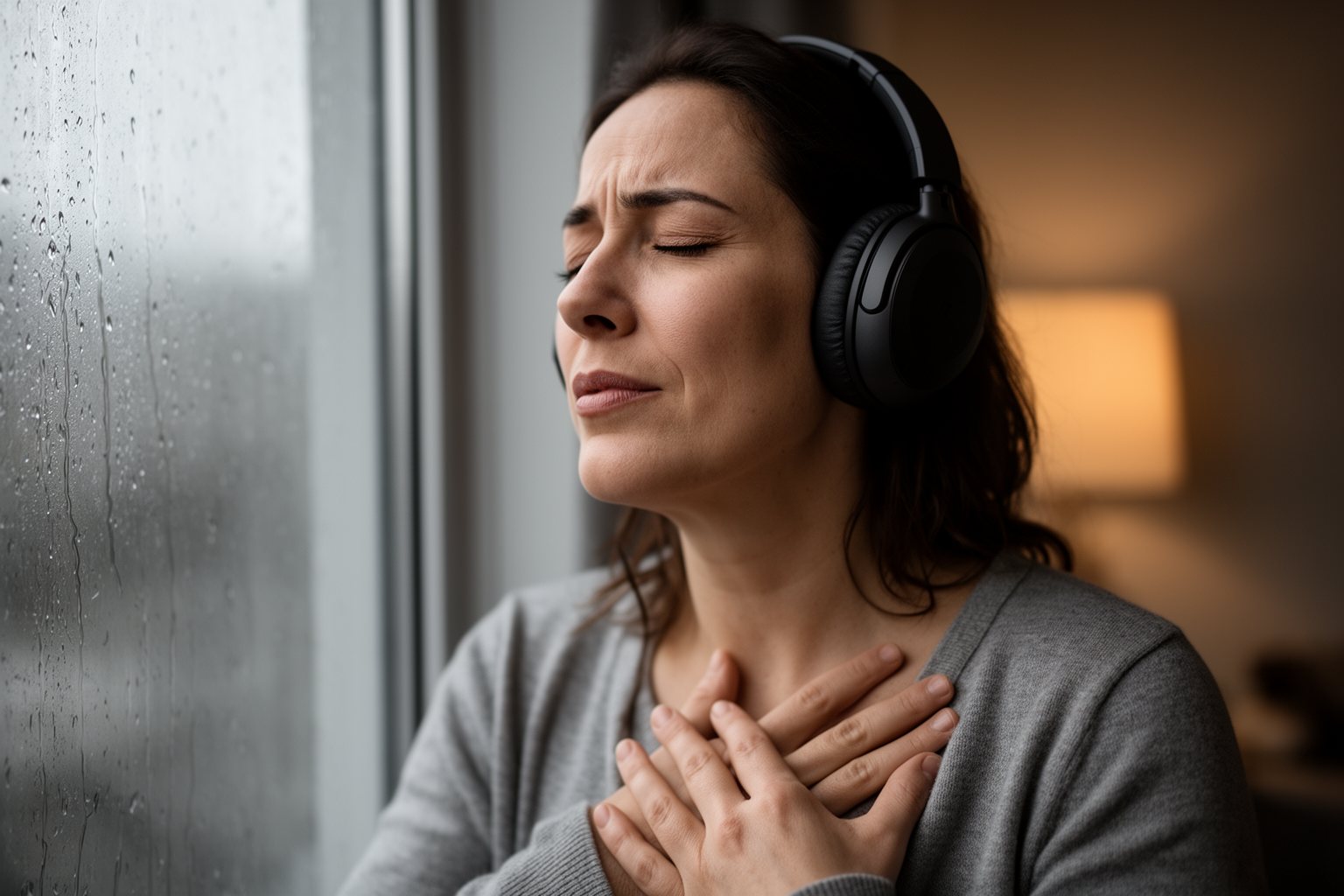 A Symphony of Emotions: The Invisible Power of Music in Film Woman with headphones and eyes closed, visibly moved by music, by a rainy window at home