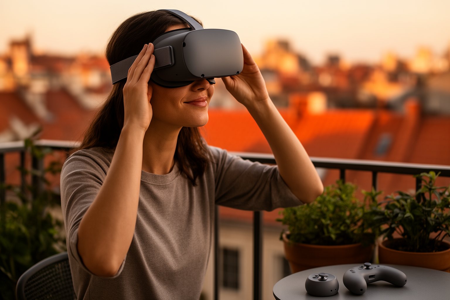 Virtual Reality Gaming: The Next Generation of Play Woman lifting off her VR headset on a balcony at sunset, looking out over the city