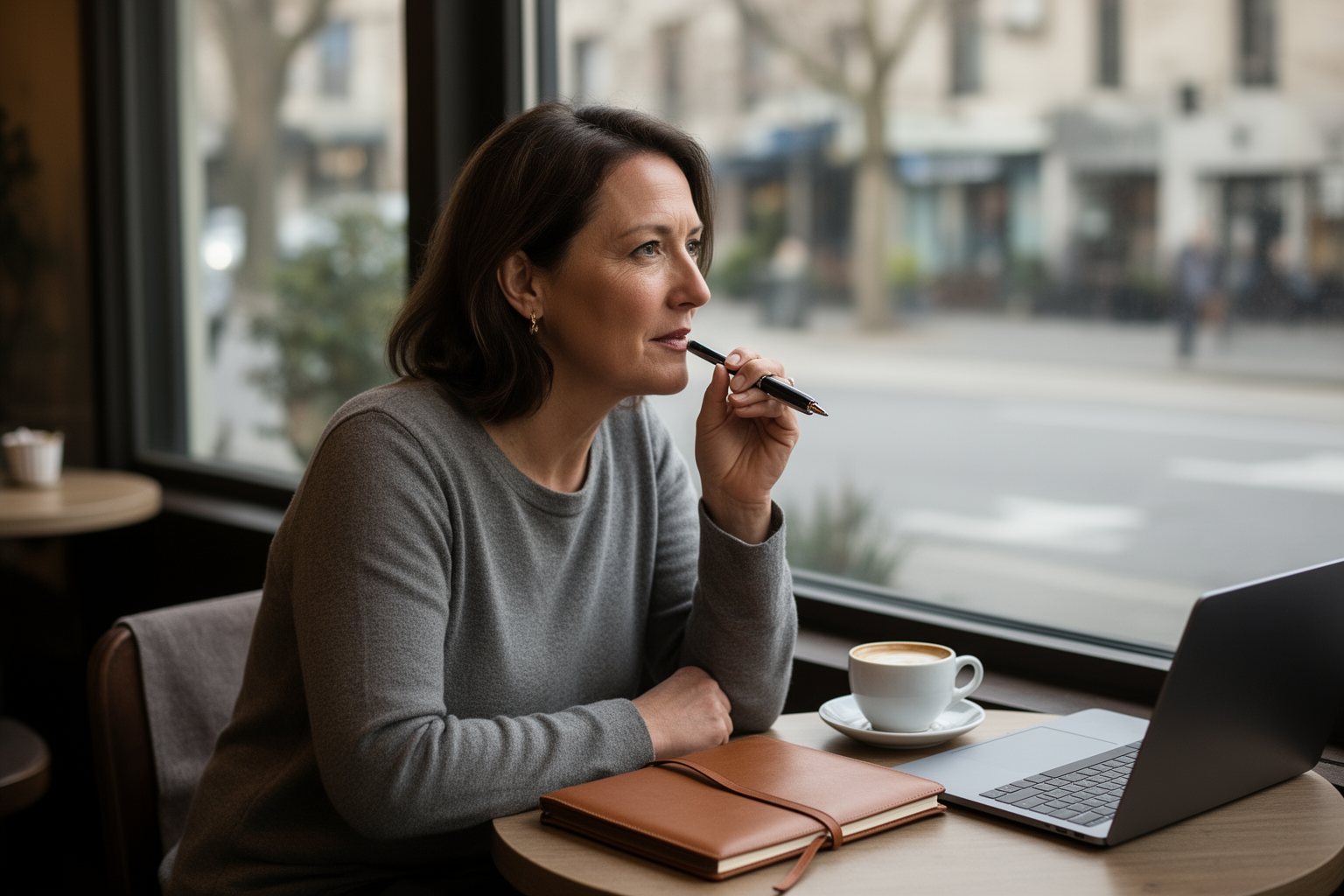Woman thinking through her financial independence goals at a sunny cafe window