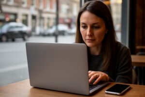 ProtonMail vs Gmail and Outlook: Why Switch to Secure Email Woman writing a private email on a laptop at a café window, choosing secure email