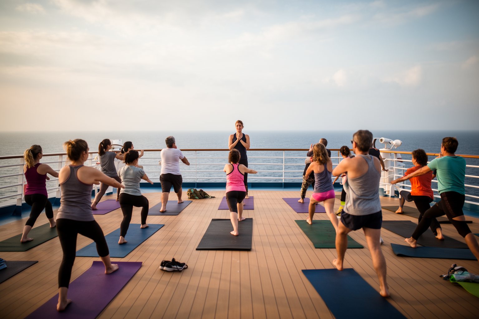 Living the Dream: Life Aboard a Cruise Ship Uncovered! Passengers in a morning yoga class on the open top deck of a cruise ship