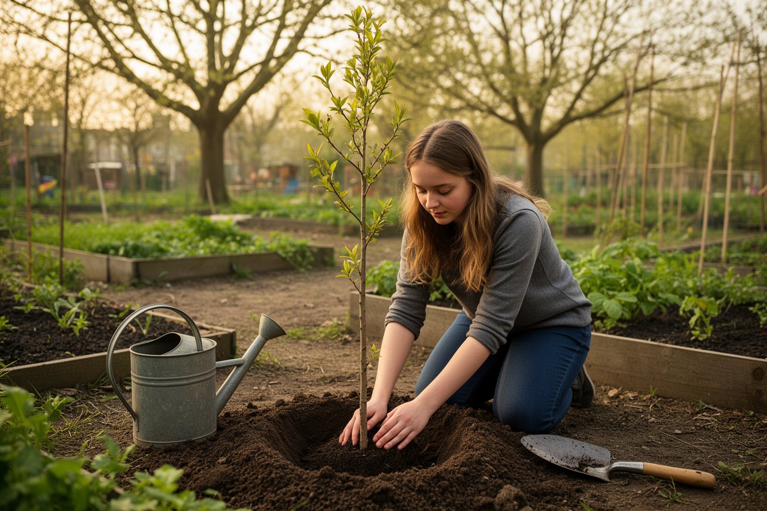Young woman planting a sapling in a community garden, a symbol of investing early